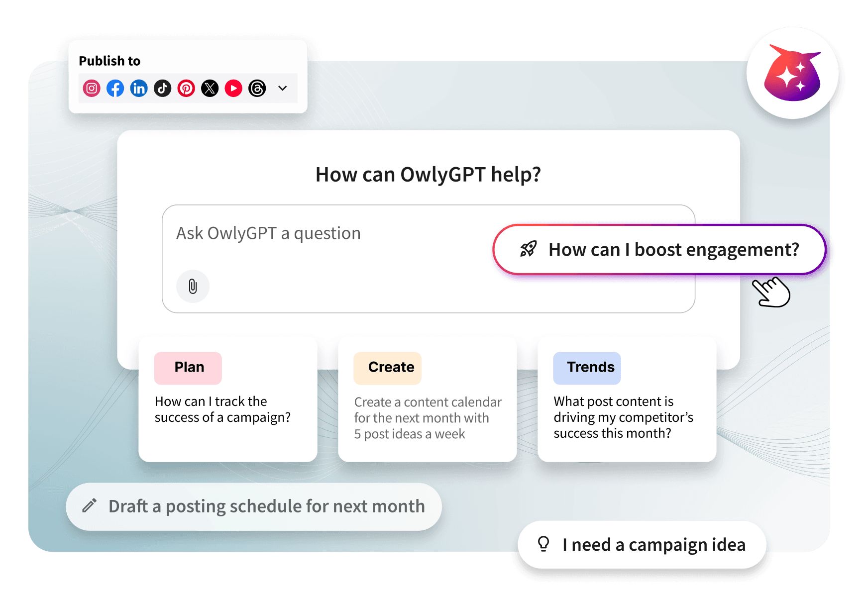 OwlyGPT interface showing social media publishing options and AI prompts for planning, creating content, and tracking trends.