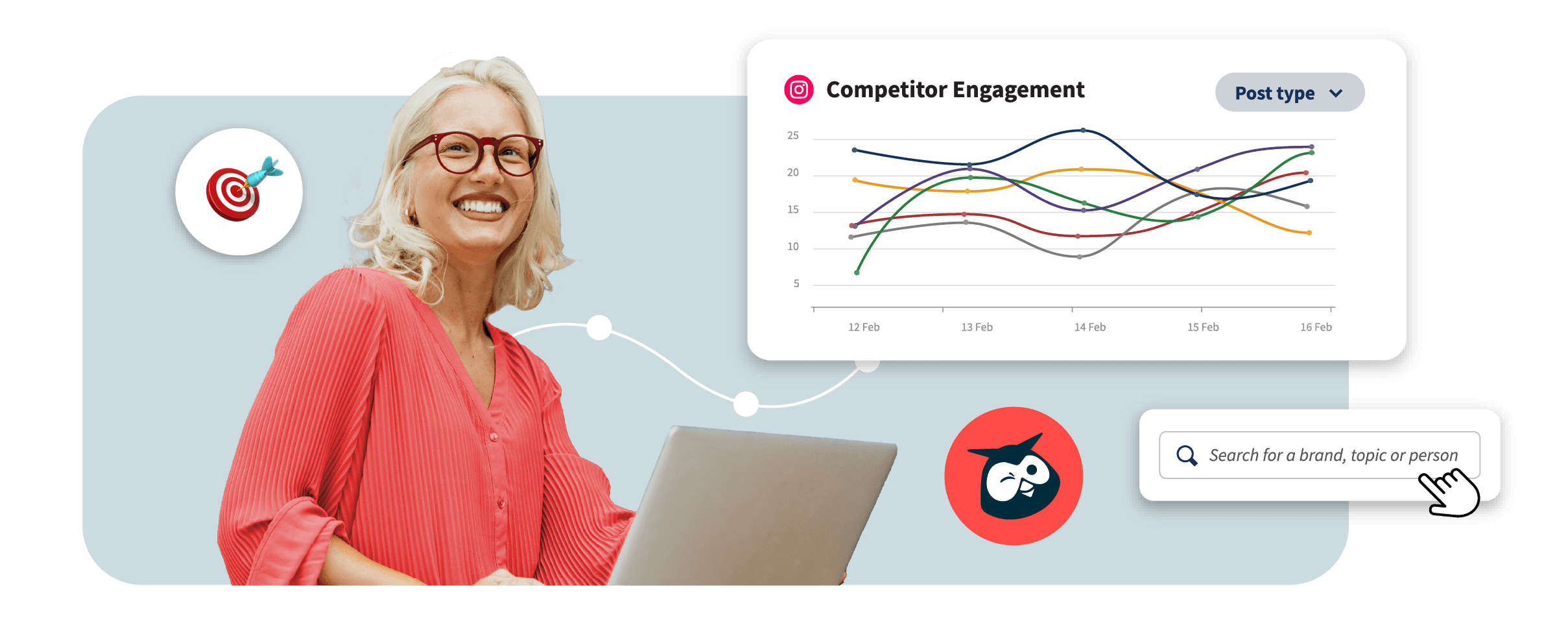 Professional in coral blouse using laptop with social media analytics graph and search interface displayed on light blue background