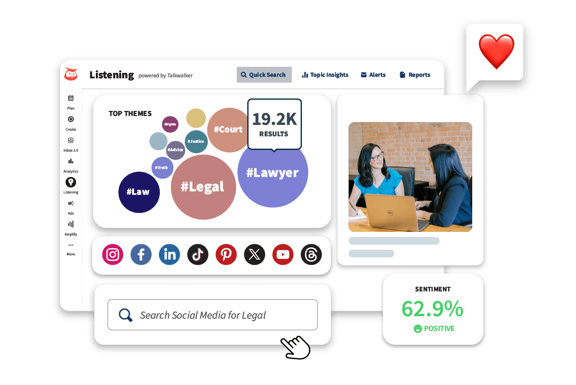 Social media analytics dashboard showing legal-related hashtags, sentiment analysis, and search interface with social platform icons